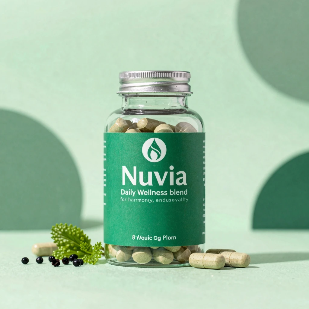 Nuvia supplement jar rendered in emerald and mint brand colors